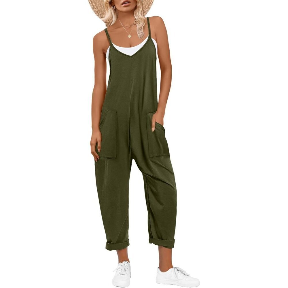 Women Army Green Casual Summer Overalls Sleeveless Spaghetti Strap Romper Jumper